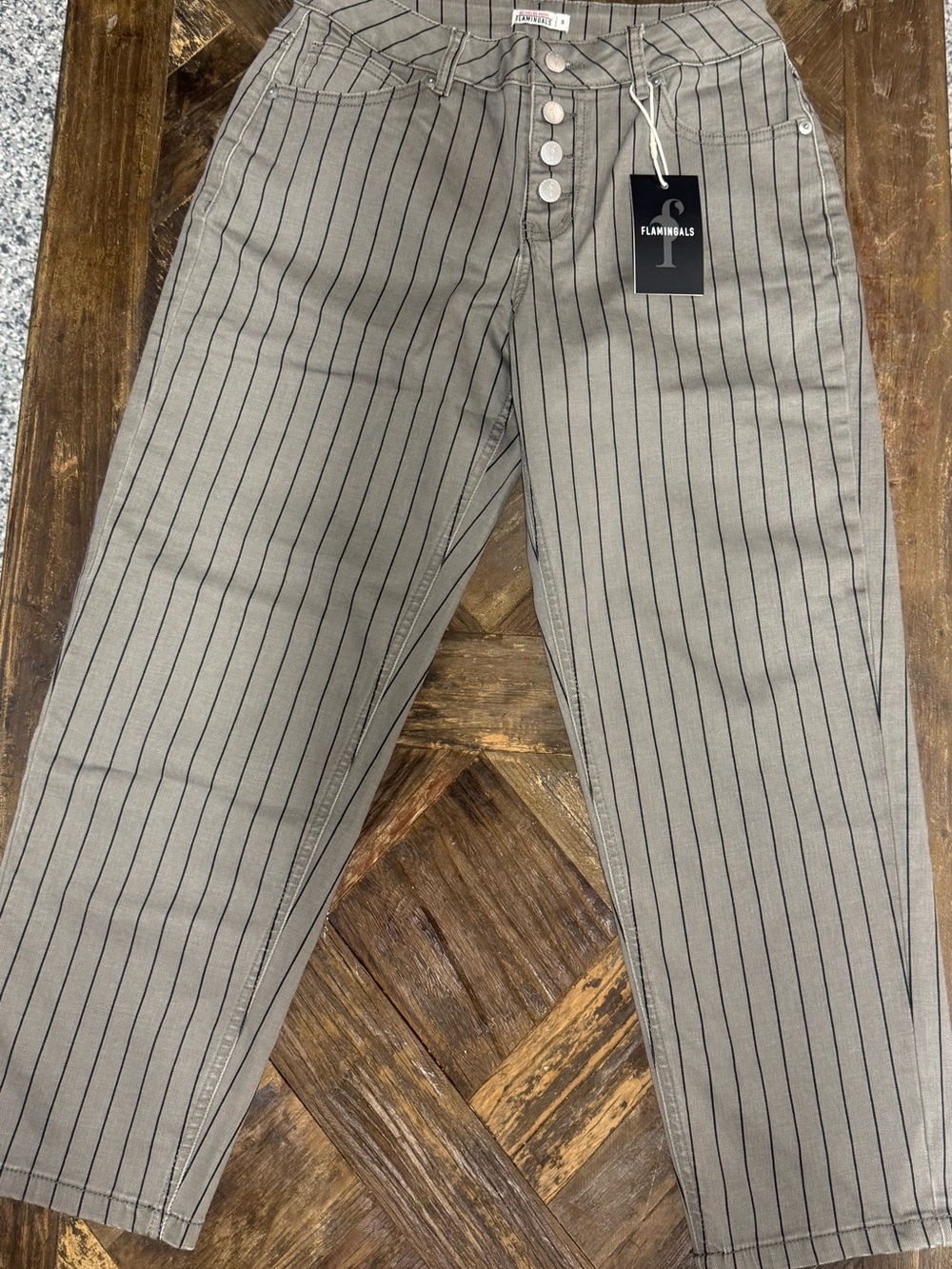 FLAMINGALS Taupe Pinstripe straight Legged Crop- High-Rise Button-Front